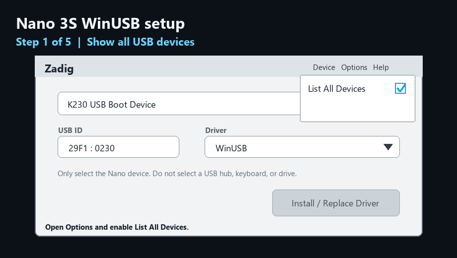Animated walkthrough showing the correct Zadig WinUSB selections for Nano 3S